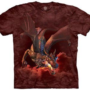 Dragon Breathing Fire Magical Wings Fantasy Cotton Red Mountain T-Shirt S